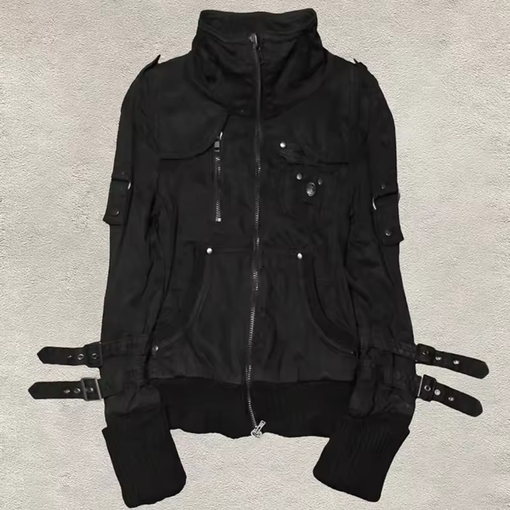 Black Utility Jacket with High Collar and Fitted Silhouette